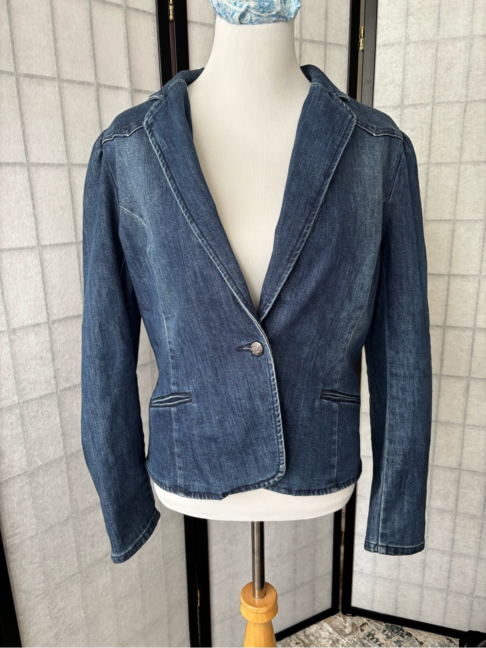 Inc Classic Dark Blue puff sleeve Denim Blazer Jacket - Women's